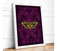 Butterfly on Damask Maximalist Framed Wall Art Print A4 (29.7×21cm) White, Wall Decor for Living Room, Bedroom, Office & Home, Ready to Hang, Art Gift