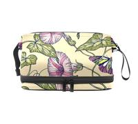 Butterfly on Morning Glory Plant Double Layer Cosmetic Bag for Women and Girls, Travel Toiletry Bag Makeup Handy Pouch Organiser Bag with Brush Compartment