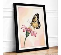 Butterfly on Pink Bloom Botanical Framed Wall Art Print A4 Black