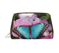 Butterfly On Pink Flower Print Makeup Bag Portable Leather Waterproof Cosmetic Bag Clutch Makeup Brush Bag (6.7x4.3in)