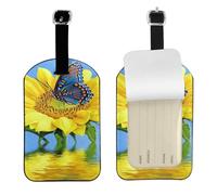Butterfly On Sunflower Print Leather Luggage Travel Bag Tags Neast Luggage Tag Holder Name Id Labels Set for Men Women, 1 Pack