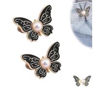 Butterfly Pants Waist Tightener, Pearl Butterfly Waist Buckle, Reusable Butterfly Clips for Clothes, Universal Butterflys Waist Tightener Clips for Loose-Fitting Jeans, Dresses and Skirts (Black-2PC)