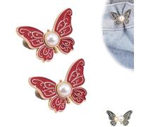 Butterfly Pants Waist Tightener, Pearl Butterfly Waist Buckle, Reusable Butterfly Clips for Clothes, Universal Butterflys Waist Tightener Clips for Loose-Fitting Jeans, Dresses and Skirts (Red-2PC)