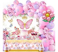 Butterfly Party Decorations Include Pink Purple Butterfly Tablecloth and Balloon Kit Happy Birthday Backdrop Banner for Baby Girls Women Birthday Party Supplies