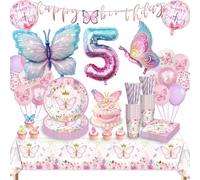 Butterfly Party Tableware Set, Butterfly Balloons 5th Birthday Decoration for Girls, Butterfly Birthday Party Tableware, Butterfly Balloons Paper Plates for Girls Party Birthday Decoration, 16 Guests