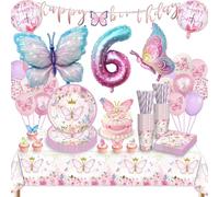 Butterfly Party Tableware Set, Butterfly Balloons 6th Birthday Decoration for Girls, Butterfly Birthday Party Tableware, Butterfly Balloons Paper Plates for Girls Party Birthday Decoration, 16 Guests