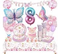 Butterfly Party Tableware Set, Butterfly Balloons 8th Birthday Decoration for Girls, Butterfly Birthday Party Tableware, Butterfly Balloons Paper Plates for Girls Party Birthday Decoration, 16 Guests