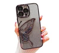 Butterfly Phone Case for iPhone 16,Cute Butterfly Colorful Star Sequin Liquid Quicksand Phone Case Luxury Glitter Bling 6D Electroplated Soft TPU Protector Black