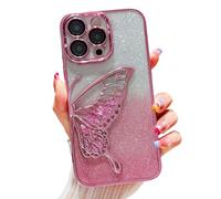 Butterfly Phone Case for iPhone 16,Cute Butterfly Colorful Star Sequin Liquid Quicksand Phone Case Luxury Glitter Bling 6D Electroplated Soft TPU Protector Pink