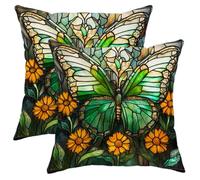 Butterfly Pillow Covers Set of 2, Emerald Green Stained Glass Floral Throw Pillow Cases, Decorative Square Cottage Farmhouse Cushions for Living Room Sofa Bed Couch 18x18 Inch