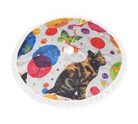 Butterfly polka dot and cat Print Christmas Tree Skirt 48 inch, Xmas Tree Skirts Mat with Fringe Border for Christmas Holiday Party Decorations