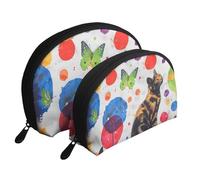 Butterfly Polka dot and cat Print Shell-Shaped 2-Piece Makeup Bag Set Travel Cosmetic Organiser Stylish Storage for Beauty & Gifts for Women Girls