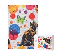 Butterfly polka dot and cat Printed Jigsaw Puzzle with Storage Box, Wooden Puzzle for Adults and Kids, 300 Pieces Family Fun Decorative Game
