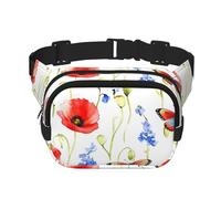 Butterfly Poppy Double Layer Waist Bag Pack Watercolor Bum Bag Fanny Pack for Men Women, Adjustable Belt Bag for Travel Hiking Running Cycling Festival