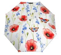 Butterfly Poppy Folding Auto Open Close Umbrella Watercolor Windproof Compact Travel Umbrella For Rain And Shine Portable for Women Men