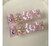 Butterfly Press on Nails, Muti-Layer Gel Handmade Press on Nails Medium, Duck Shaped False Nails with Rhinestone Flower, Full Cover Thickened Fake Nails Designs Stick on Nails for Women Nail Art DIY