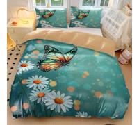 Butterfly Print Bedding Bohemian Orange Teal Butterfly & Daisy Duvet Cover Soft Microfiber Single with 2 Pillowcases (01,King 240x220cm+65x65cm*2)