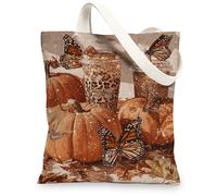 Butterfly Pumpkin Canvas Tote Bags, Autumn Floral Print Reusable Shopping Bags, Chic Lightweight Washable Shoulder Strap Ca, Orange, 13x15 Inch