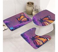 Butterfly Purple Flower Bed Bathroom Rugs Sets 3 Piece, Soft Absorbent Memory Foam Bath Mats And U Shaped Contour Toilet Rug, Home Decoration, Quick Dry