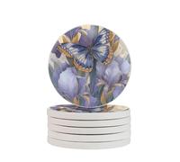 Butterfly Purple Flower Coasters Set of 2 Watercolors Absorbent Diatomite Coasters Quick Dry Cup Mat for Drinks Round Mugs Pad for Table Bar Home Decor