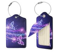 Butterfly Purple Print Luggage Tag Leather with Stainless Steel Loop Privacy Cover Name ID Labels for Women Men