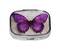Butterfly Purple Print Square Metal Pill Box Decorative Pill Case - Carry Your Meds in Style (Rectangular)