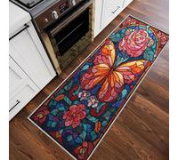Butterfly Rose Hallway Runner Rug, Flower Stained Glass Carpet Runner Non-Slip Washable Soft Short Pile Rug for Entryway Kitchen Bedroom Home Decor, 50x150cm Rf5V157a