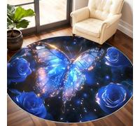 Butterfly Round Rug 150cm, Blue Butterfly Circle Rugs, Blue Rose Rug, Washable Round Carpet for Kitchen Dining Living Room Bathroom Beneath the Furniture