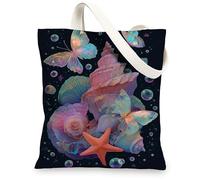 Butterfly Seashell Canvas Tote Bags, Colorful Ocean Design Reusable Grocery Bags, Lightweight Washable Shoulder Strap Canva, Black, 13x15 Inch