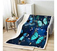 Butterfly Sherpa Blanket Butterflies Print Fleece Throw Blanket for Bed Sofa Kids Girl Butterfly Floral Plush Blanket Women Men Decor Beautiful Butterfly Blue Fuzzy Blanket Double 60x79 Inch