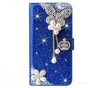 Butterfly Shiny Case for Samsung Galaxy A14 5G Glitter, Blue Handmade Bling Sparkly Diamonds 3D Butterfly Flip Notebook Case,with Magnetic Kickstand ID Card Holder Book Style Cases Cover