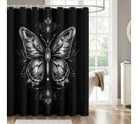 Butterfly Shower Curtain, Gothic Baroque Black Bathroom Decor, Wet Room Bath Accessories, Polyester Fabric Shower Curtain 12 Hooks, Anti Mould Waterproof, 200 x 200 （NF294）