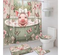 Butterfly Shower Curtain Sets, Spring Fanciful Cherries Blossom Bubbles Spring Peach Waterproof Fabric Bathroom Set with Print Cloth Curtains and Rugs for Home Bath Toile Hotel Decor 72x72 Inch