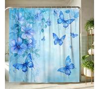 Butterfly Shower Curtain, Watercolor Blue Floral Bath Curtain for Bathroom Decor, Spring Summer Elegant Art Style Waterproof Fabric Shower Curtain Set with Hooks 72x78 Inch