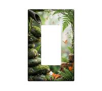 Butterfly Single Rocker Light Switch Cover, Nature Rustic Stone Fern Spring Green Plastic Standard Size Accents Wall Switch Plates for Home Living Room New Apartment Decor