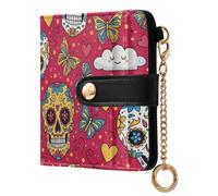 Butterfly Skull Red Print Small Women Wallet RFID Blocking PU Leather Bifold Compact Card Holder with Coin Pocket Zipper Purse for Women Ladies Girls