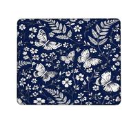 Butterfly Small Mouse Pad, Floral Elegant Flower Fern Spring Navy Square Rubber Washable Aesthetic Mousepads Idea for Home Office Desk Laptop Gamers Gift Square 8x10 Inch