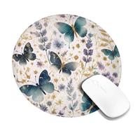 Butterfly Small Mouse Pad, Floral Elegant Flower Leaf Spring Teal Round Rubber Smooth Stitched Edge Cloth Mousepad Decor for Home Office Work Gaming Desk Round 8x8 Inch