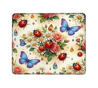 Butterfly Small Mouse Pad, Floral Fanciful Ladybug Flower Spring Red Square Rubber Washable Aesthetic Mousepads for Desk Accessories for Office Home Computer Laptop Square 8x10 Inch