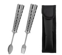 Butterfly Spoon Camping Fork and Spoon Set: 2 Pieces Multifunctional Foldable Utensils with Storage Bag for Kitchen, BBQ, Camping and Travel Outdoor