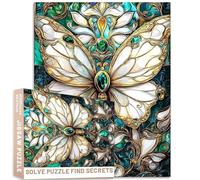 Butterfly Stained Glass Puzzle 1000 Piece White Gold Green Gemstones Teal Blue Accents Challenging Family Activity Games Colorful DIY Craft Puzzle for Home Decor Gifts