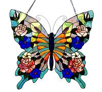 Butterfly Stained Windows Hanging Suncatcher ,Flower Butterfly Stained Glass Suncatchers Window Ornament Stained Glass Panel Sun Catcher Wall Hanging Decor Birthday Gift