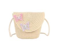 Butterfly Straw Shoulder Crossbody Bag, Mini Girl Straw Shoulder Bag, Flap Style Coin Pouch, Cute Kids Woven Bag for Beach Holiday Travels (Beige)