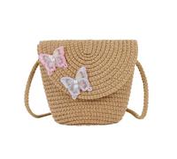 Butterfly Straw Shoulder Crossbody Bag, Mini Girl Straw Shoulder Bag, Flap Style Coin Pouch for Kids, Cute Kids Woven Bag for Beach Holiday Travels (Curry)
