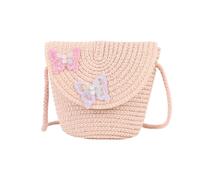 Butterfly Straw Shoulder Crossbody Bag, Mini Girl Straw Shoulder Bag, Flap Style Coin Pouch for Kids, Cute Kids Woven Bag for Beach Holiday Travels (Pink)