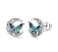 Butterfly Stud Earrings 925 Sterling Silver Celtic Moon Earrings Irish Celtic Jewellery Gifts for Women Girls (Abalone Shell)