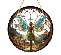 Butterfly Sun Catcher Dyed, Round Acrylic Window Pendant with Vintage Fairy Design, Colourful Hanging Decoration for Balconies, Bedroom, Living Room, Artistic Home for Sunlight