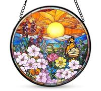 Butterfly Suncatcher for Windows, 8 Inch Acrylic Garden Decor with Butterfly and Flower Design, No Punched, Chains Pre-Installed on the Frame, Energetic Window Hanging for Home Decor for All Season