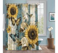 Butterfly Sunflower Shower Curtain with 12 Hooks Vintage Rose Flower Blue White Stripe Waterproof Fabric Shower Curtains Sets for Bathroom Bath Decorations, Machine Washable, 48"x72"