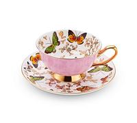 Butterfly Tea Cup and Saucer Set, 6.8oz Fine Bone China Latte Cup - Pink Reactive Glaze, Elegant Cappuccino & Tea Cup for Women, Giftable 1-Piece Set